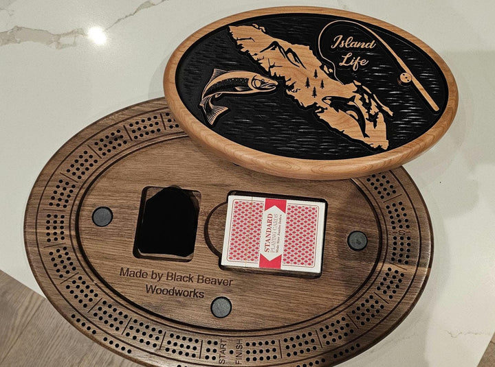 Vancouver island crib board , fish, fishing rod, orca