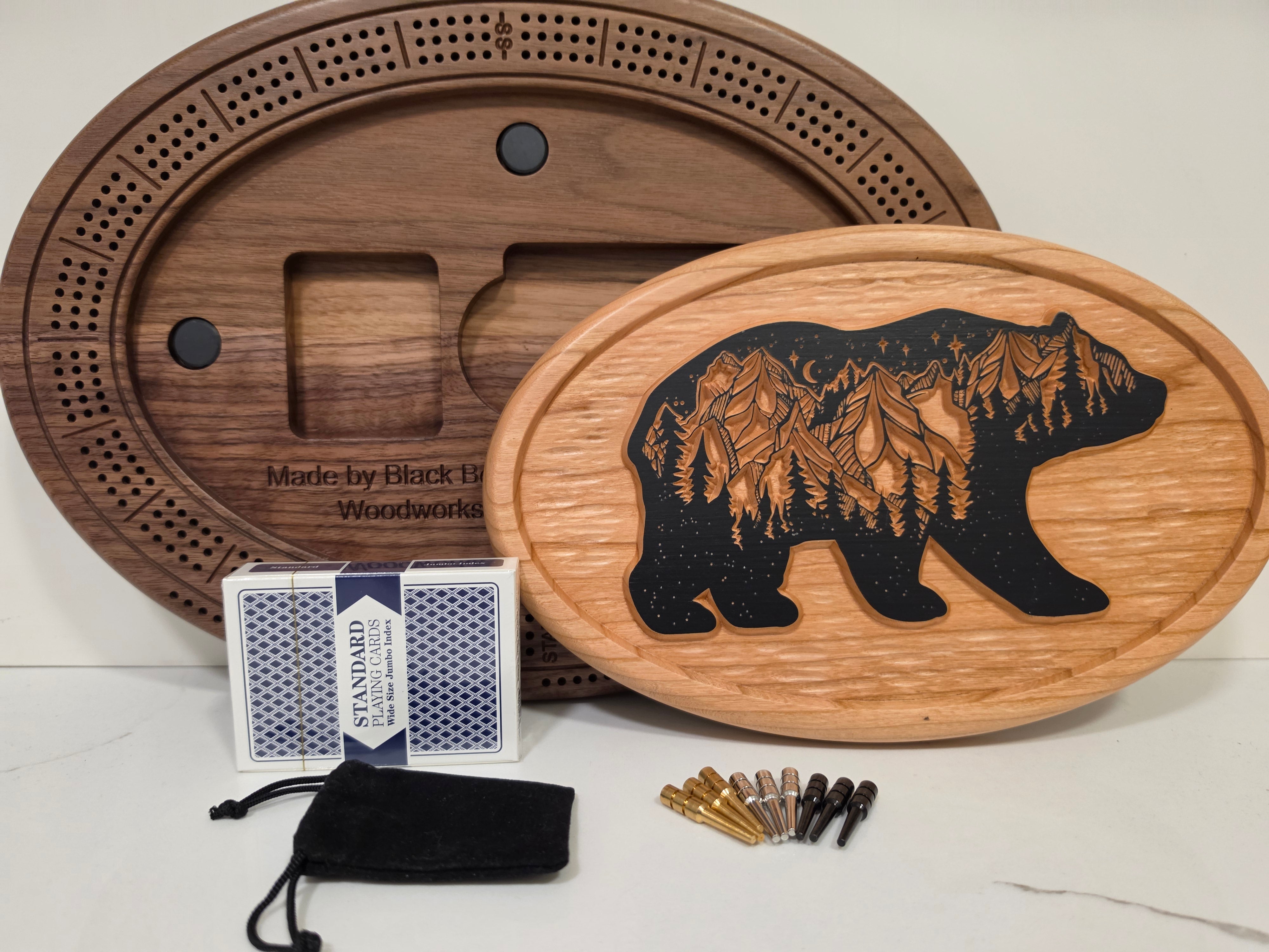 Handmade Walnut Bear Cribbage Board - Rustic Landscape Plaque