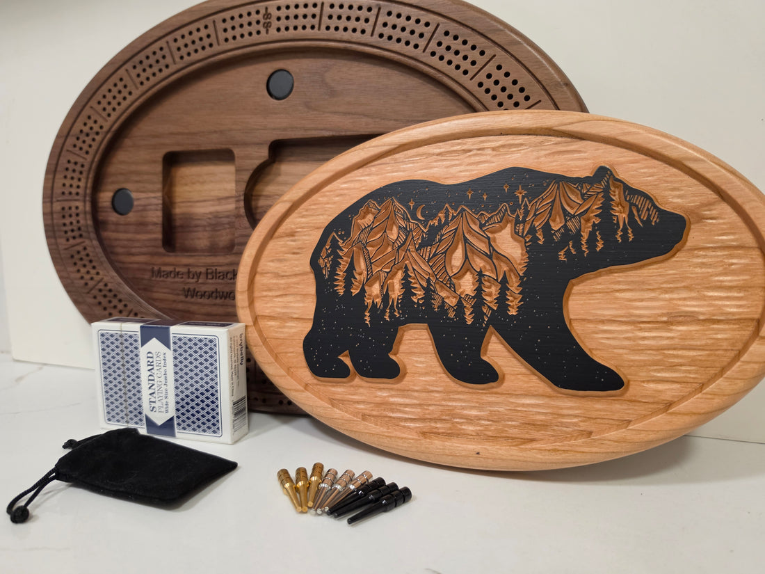 Handmade Walnut Bear Cribbage Board - Rustic Landscape Plaque