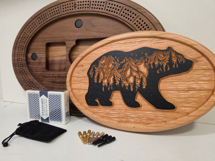 Handmade Walnut Bear Cribbage Board - Rustic Landscape Plaque