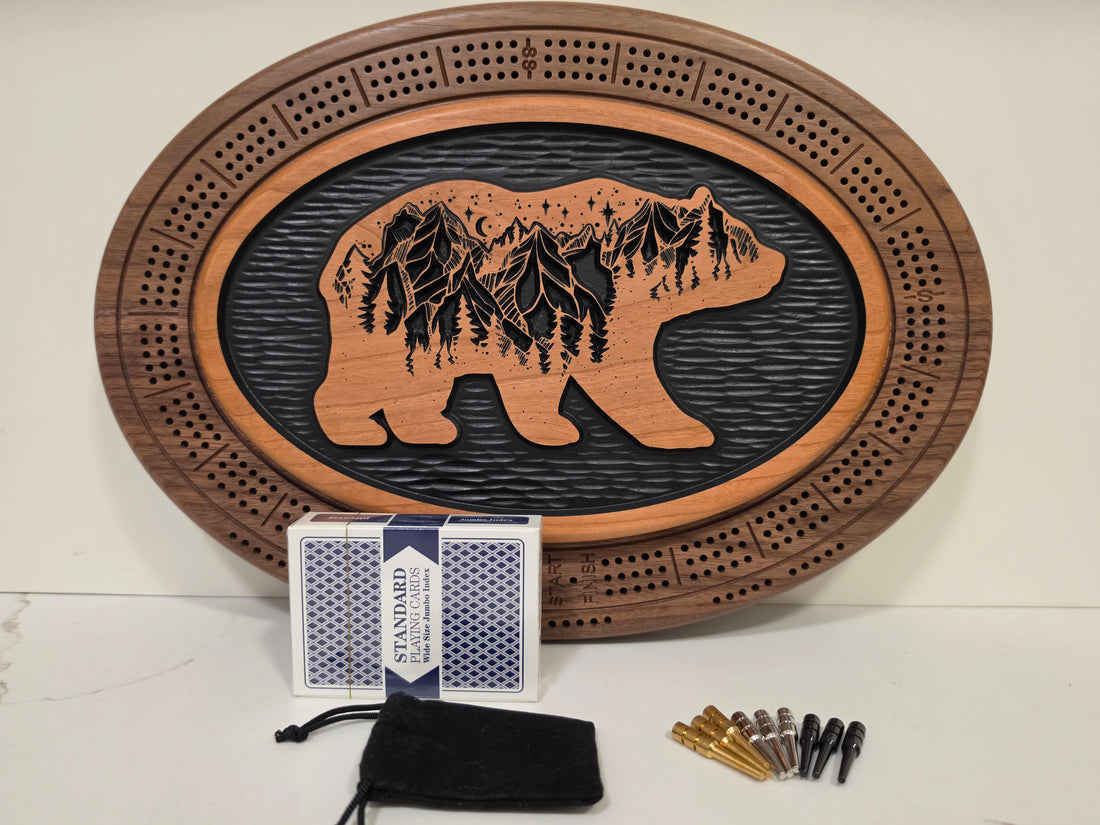 Bear Cribbage Board & Mountain Plaque  Handcrafted Wood Game Set