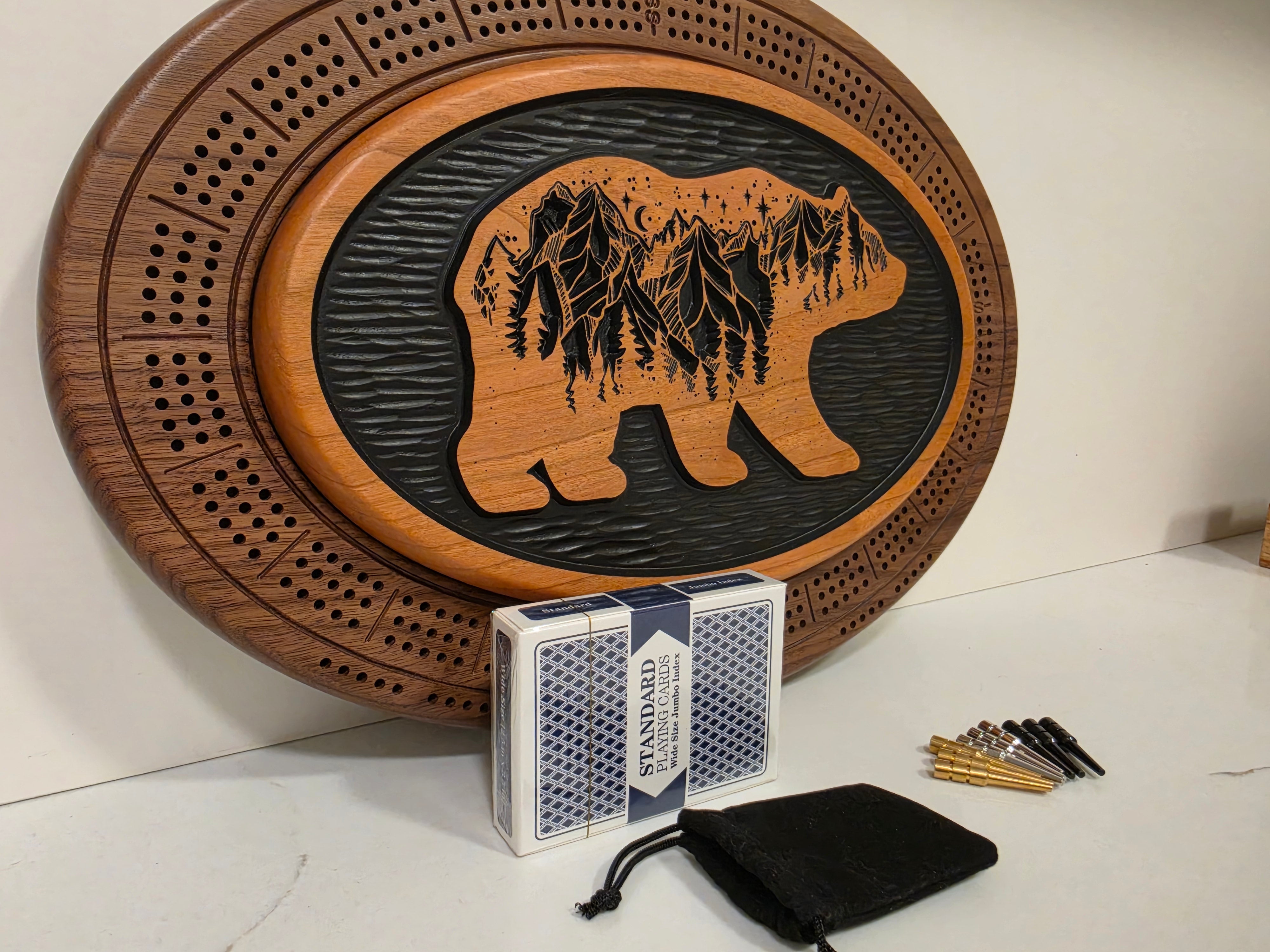 Bear Cribbage Board & Mountain Plaque  Handcrafted Wood Game Set