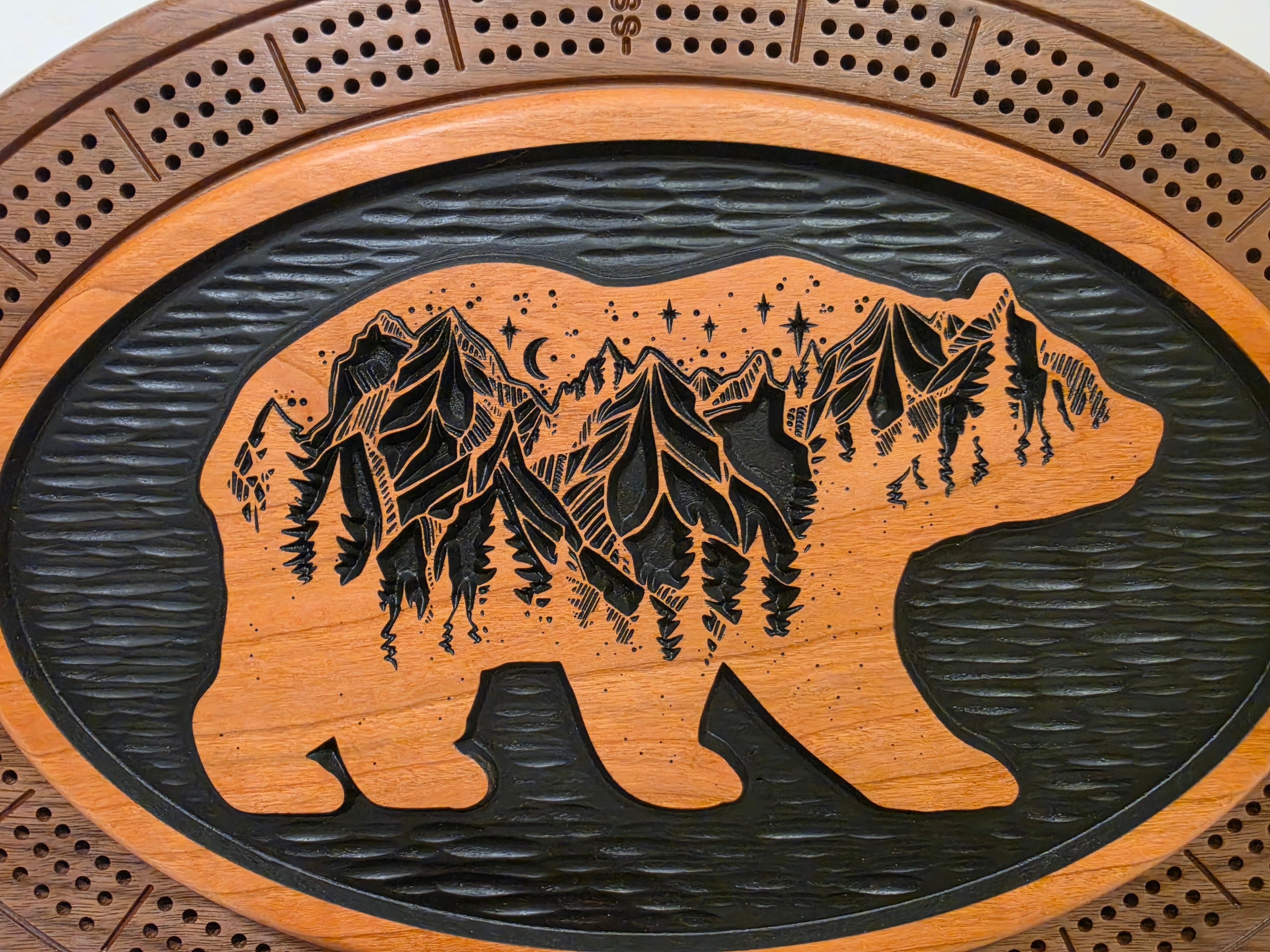 Bear Cribbage Board & Mountain Plaque  Handcrafted Wood Game Set