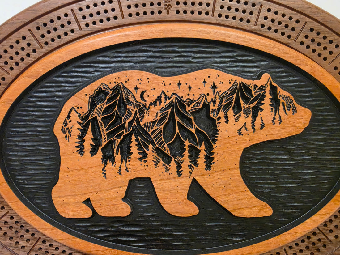 Bear Cribbage Board & Mountain Plaque  Handcrafted Wood Game Set