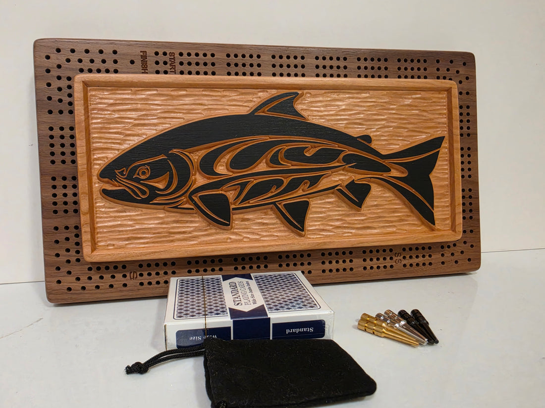 Native Salmon Cribbage Board | Indigenous Art | Black Beaver Woodworks
