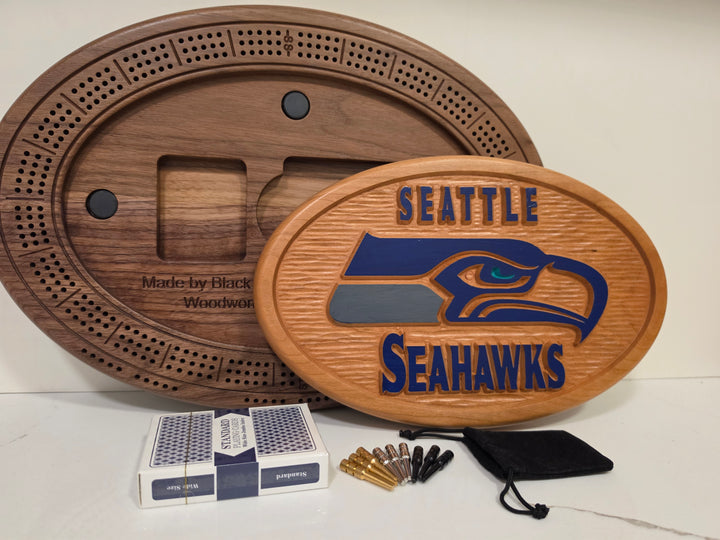 Handcrafted Seattle Seahawks Cribbage Board  Wood Game Set