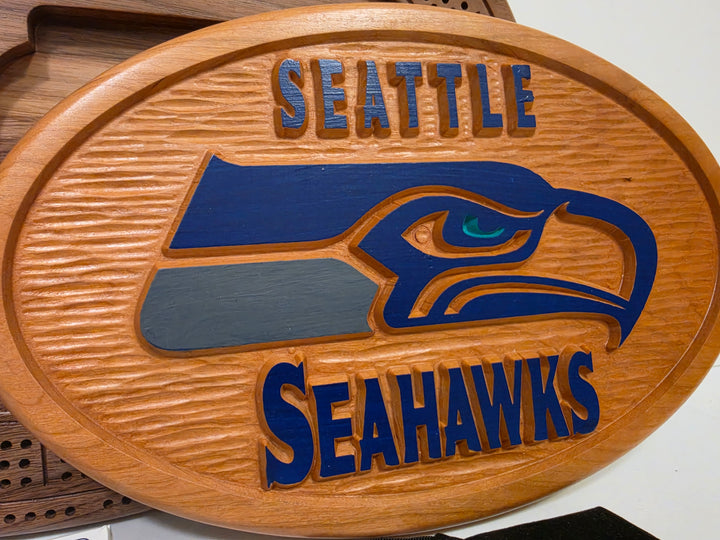 Handcrafted Seattle Seahawks Cribbage Board  Wood Game Set