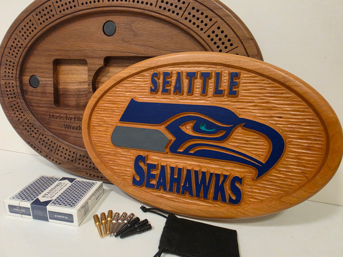 Handcrafted Seattle Seahawks Cribbage Board  Wood Game Set