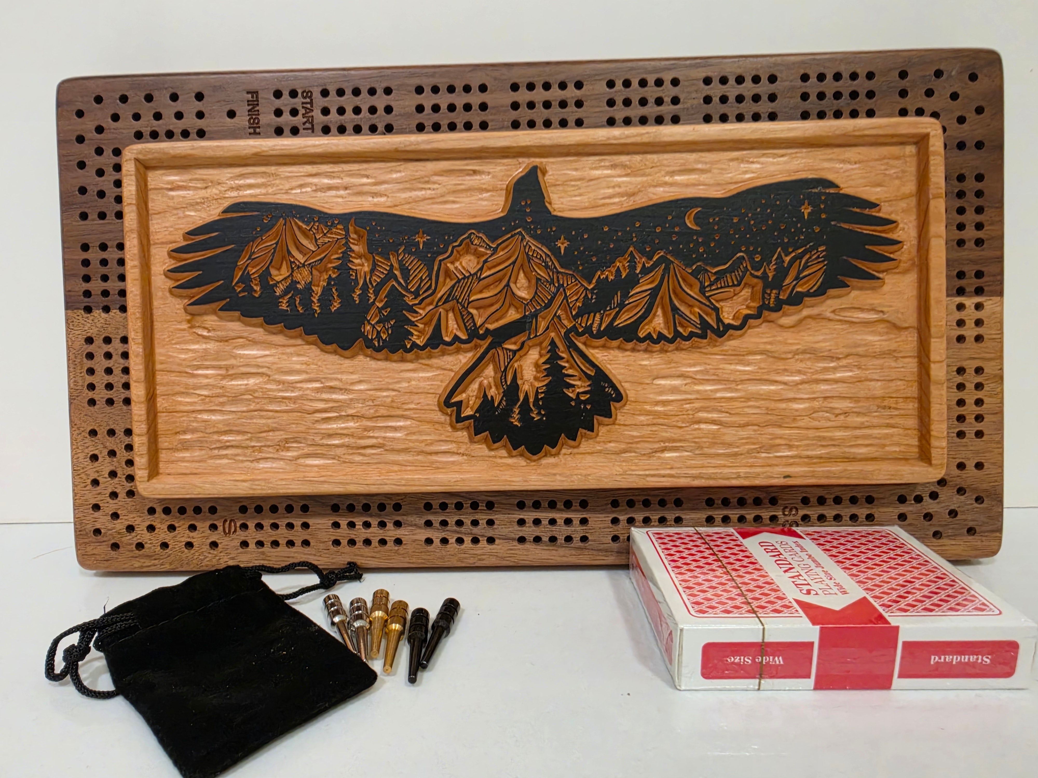 Eagle Cribbage Board – Handcrafted Wood Game with Mountain Landscape & Peg/Card Storage
