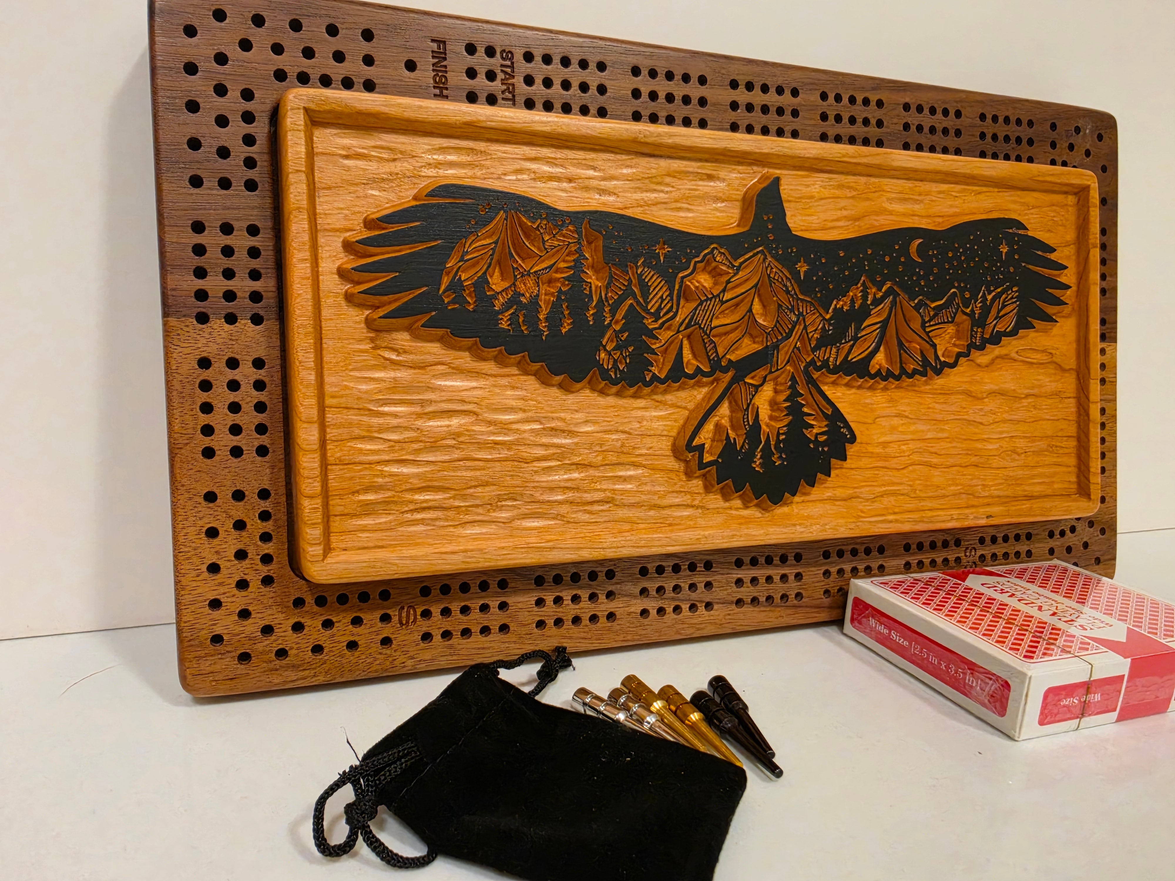 Eagle Cribbage Board – Handcrafted Wood Game with Mountain Landscape & Peg/Card Storage