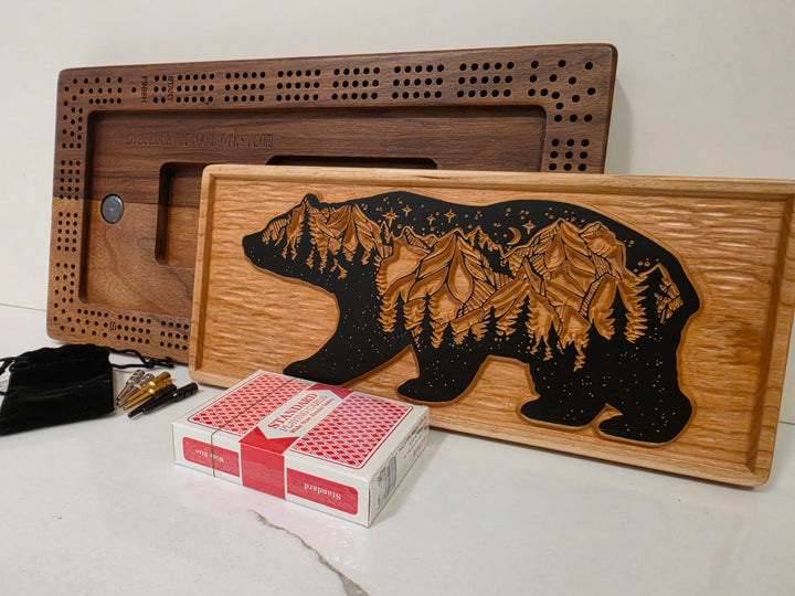 Handmade Walnut Bear Cribbage Board - Rustic Landscape Plaque