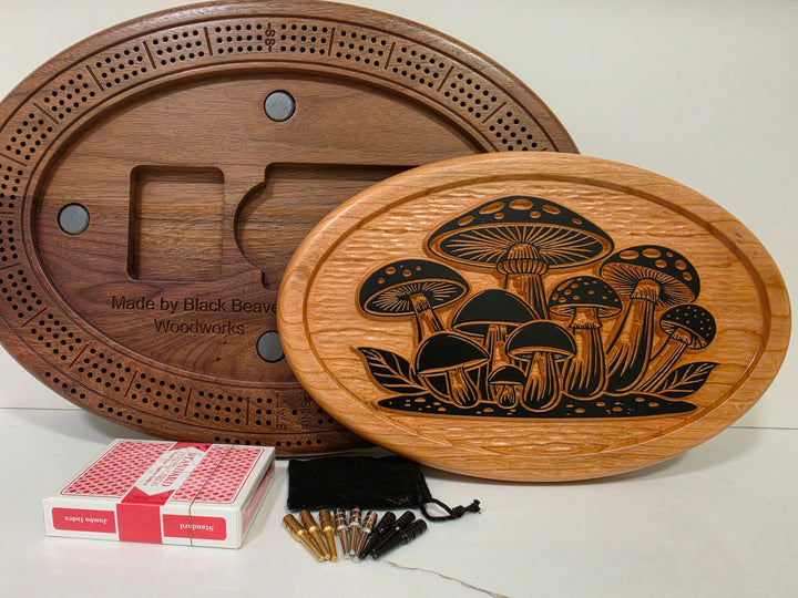 Mushroom Patch Cribbage Board Black – Walnut & Cherry