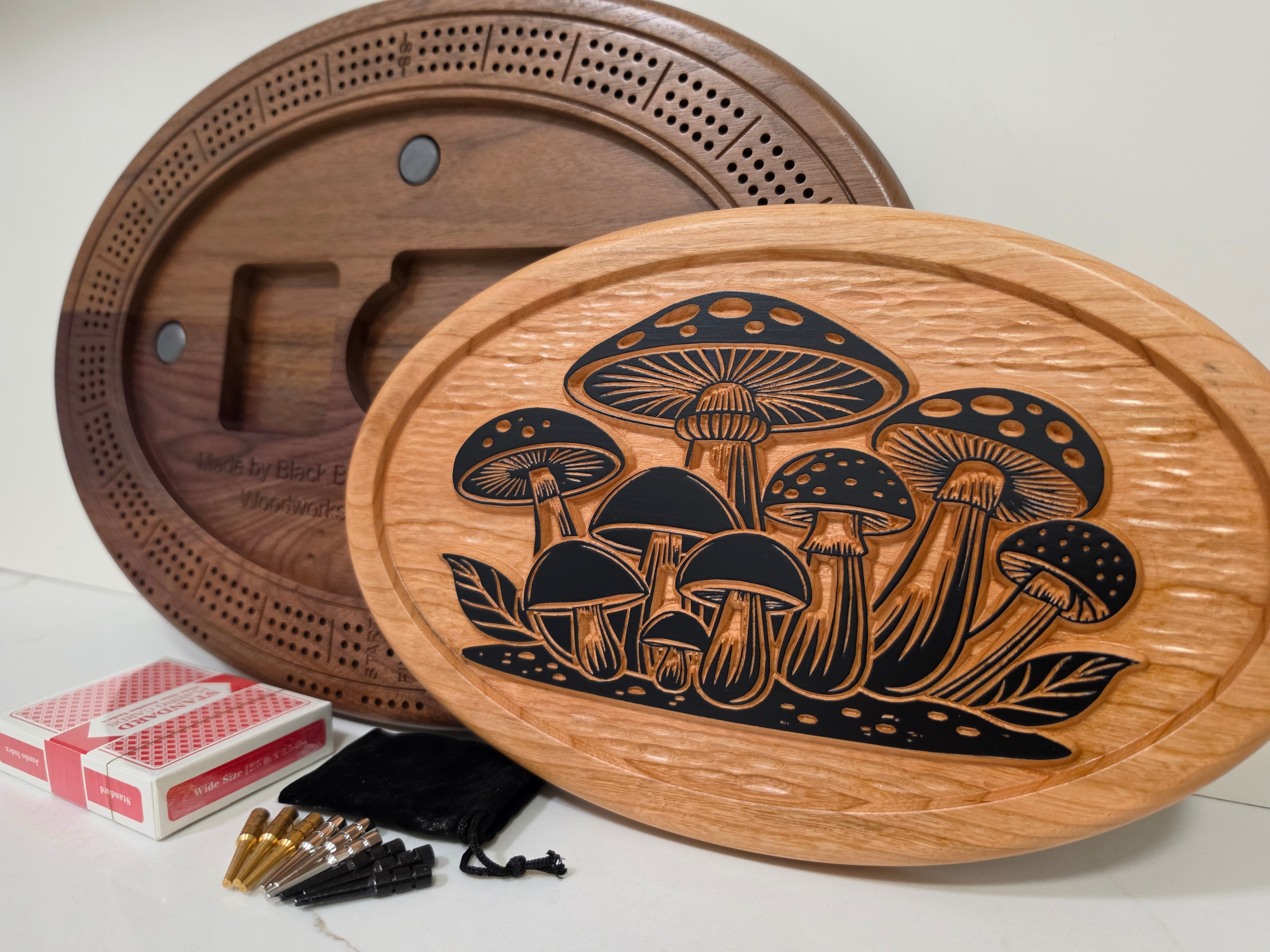 Mushroom Patch Cribbage Board Black – Walnut & Cherry