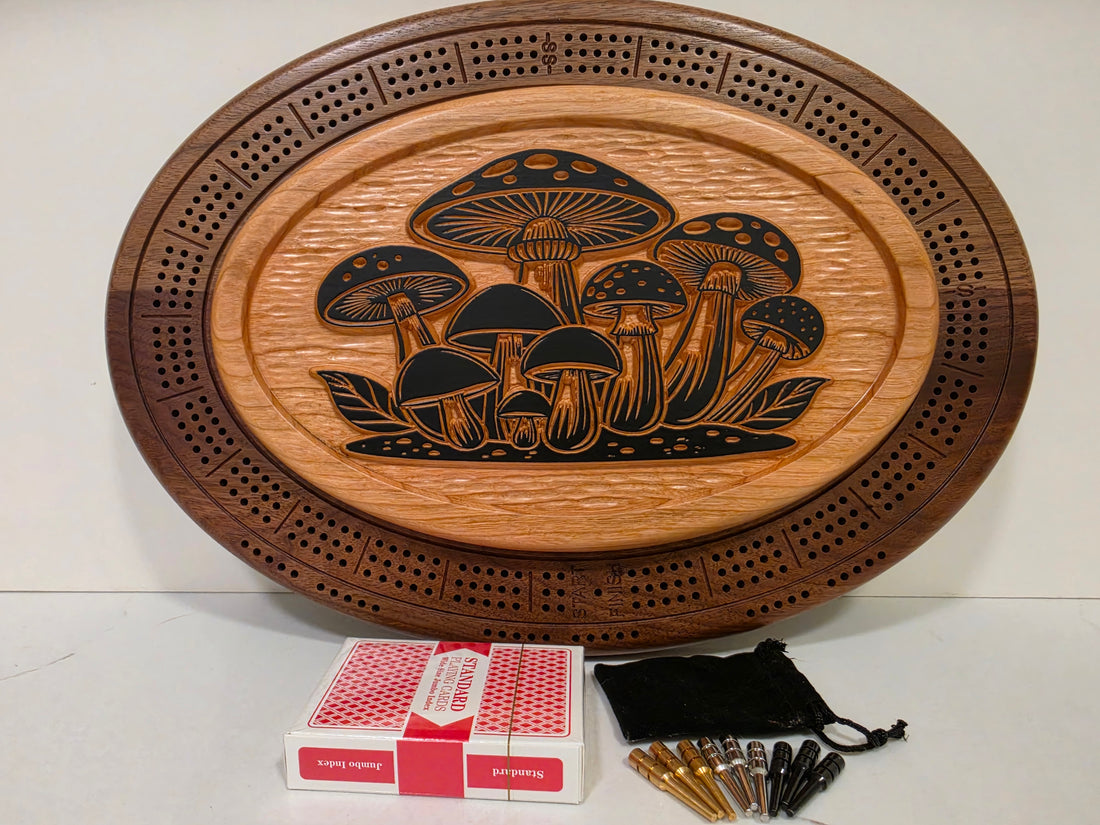 Mushroom Patch Cribbage Board Black – Walnut & Cherry