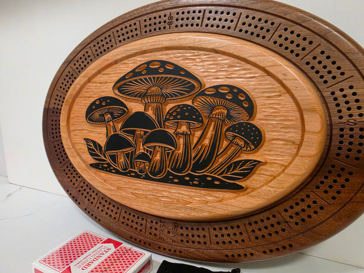 Mushroom Patch Cribbage Board Black – Walnut & Cherry