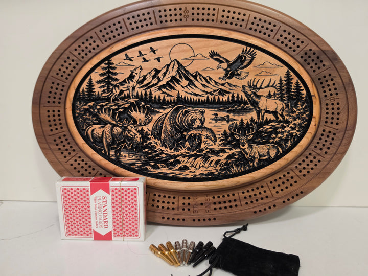 Wildlife Cribbage Board – Engraved Hardwood with Hidden Storage | Handcrafted in BC