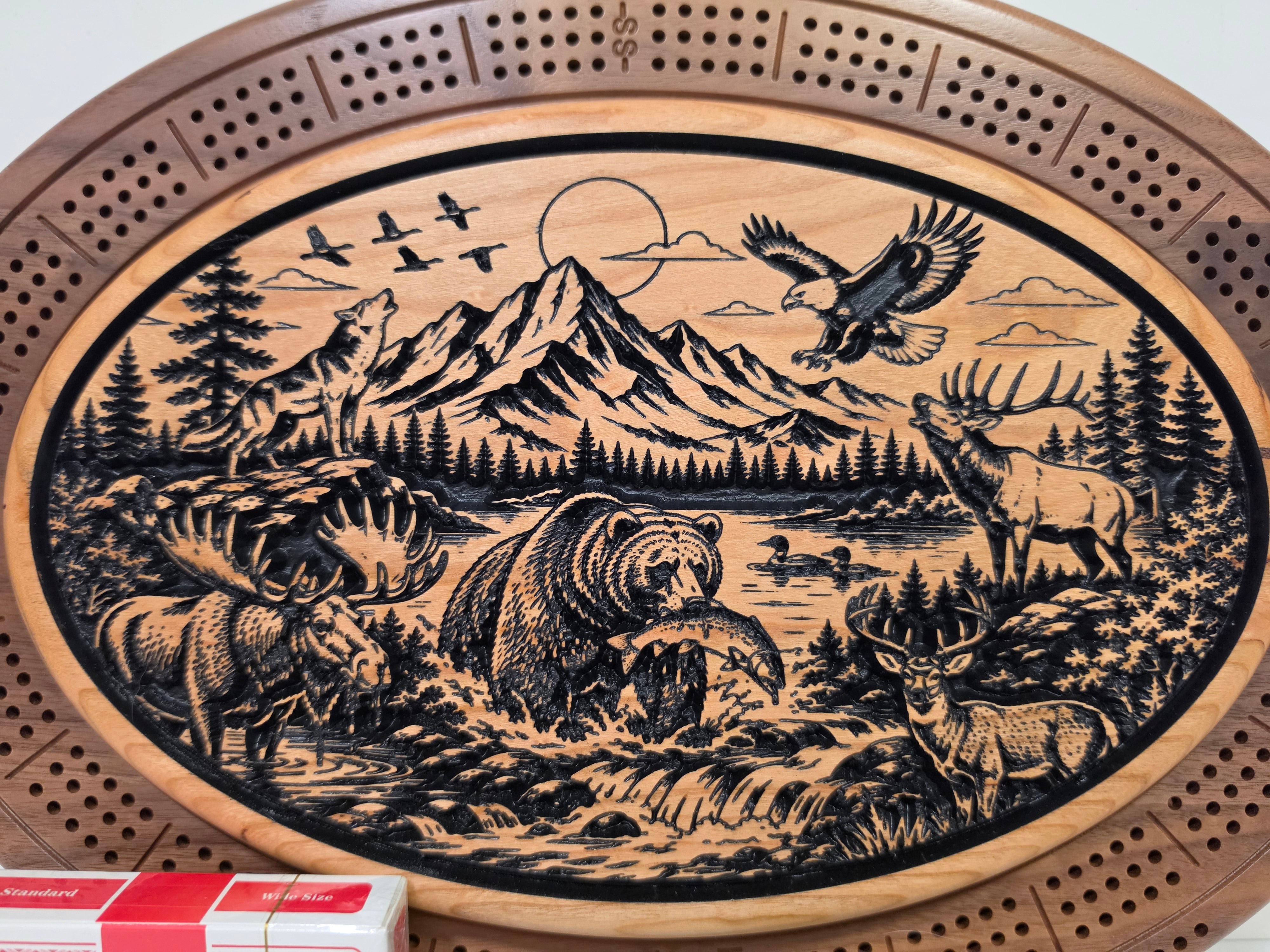 Wildlife Cribbage Board – Engraved Hardwood with Hidden Storage | Handcrafted in BC