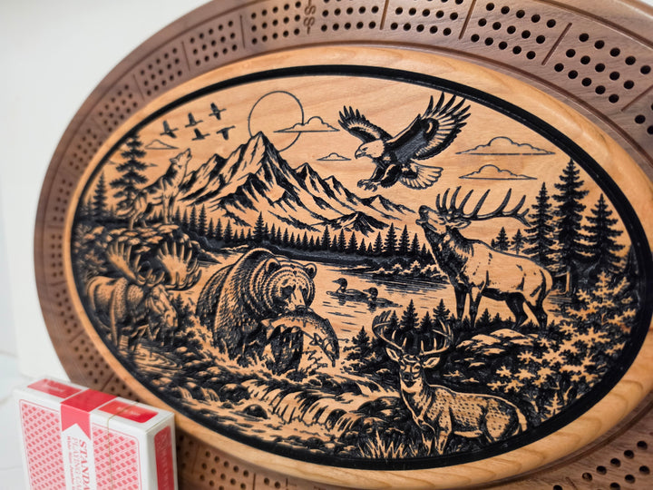 Wildlife Cribbage Board – Engraved Hardwood with Hidden Storage | Handcrafted in BC
