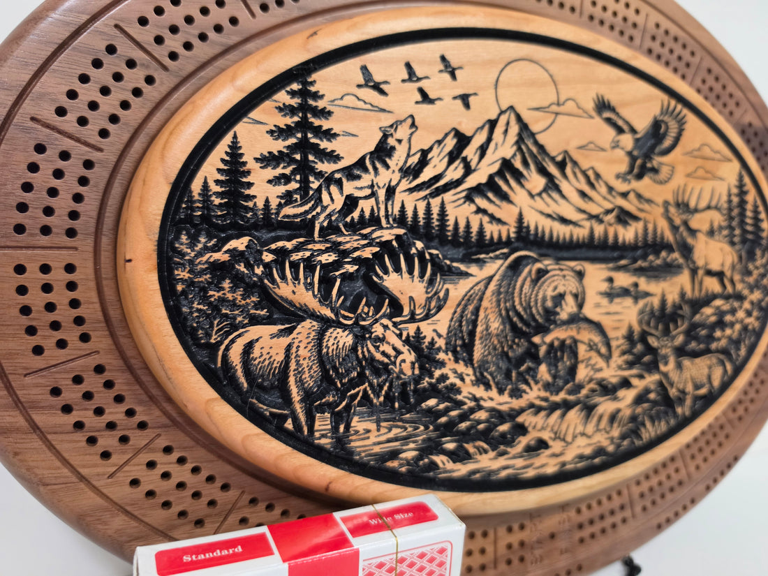 Wildlife Cribbage Board – Engraved Hardwood with Hidden Storage | Handcrafted in BC