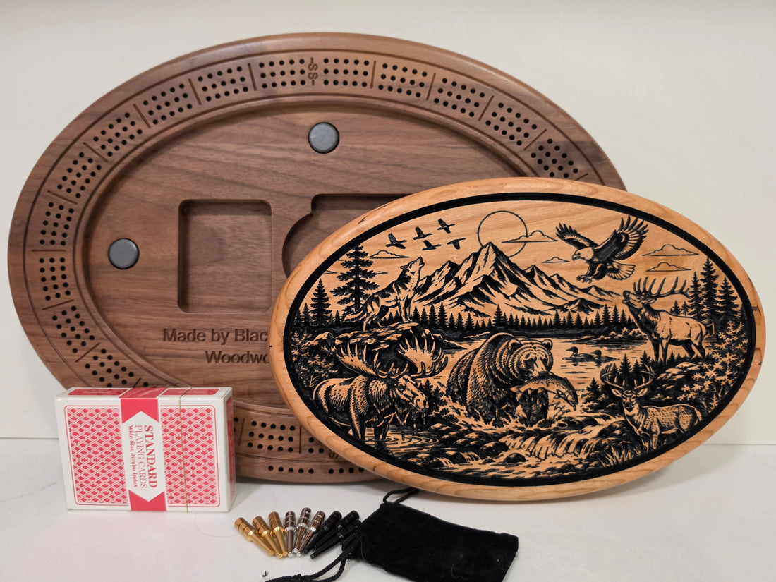 Wildlife Cribbage Board – Engraved Hardwood with Hidden Storage | Handcrafted in BC