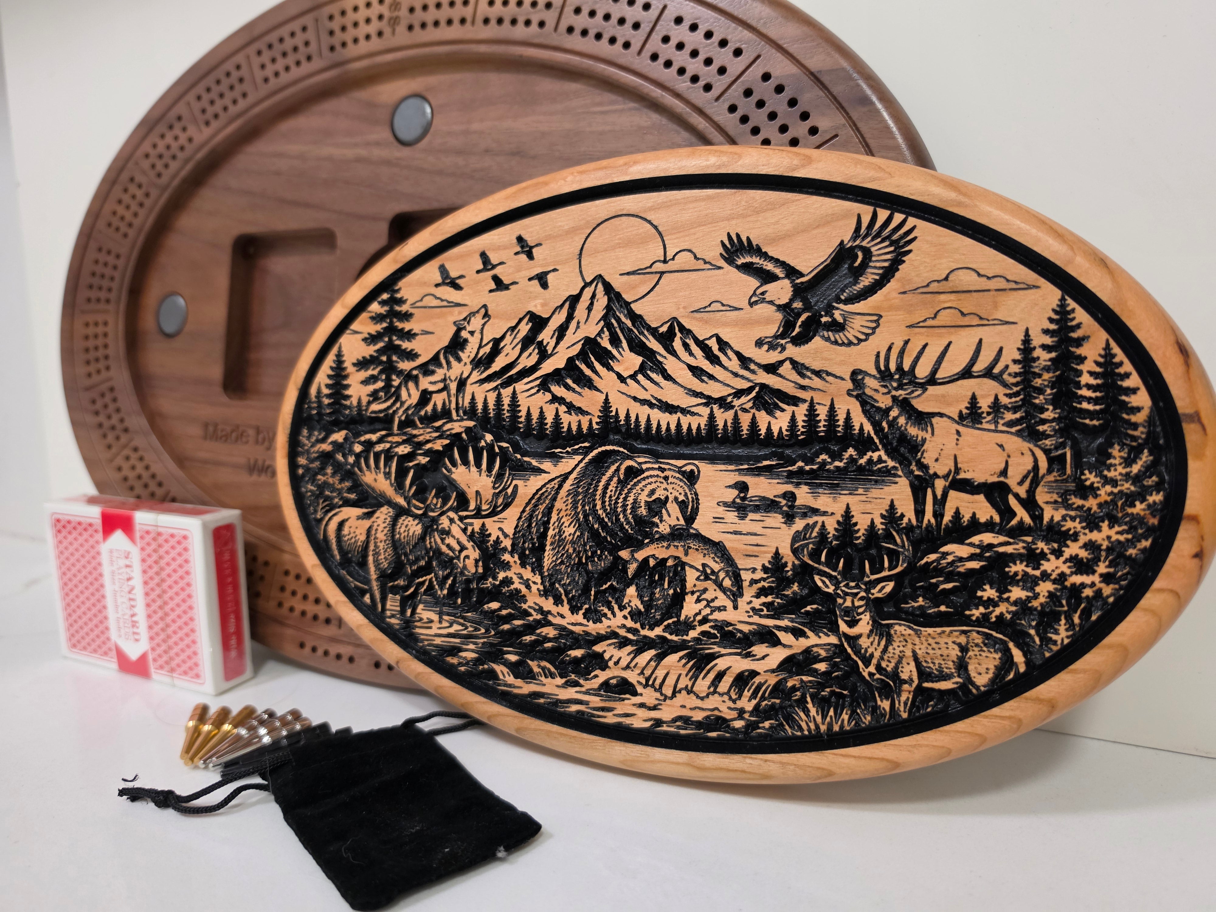 Wildlife Cribbage Board – Engraved Hardwood with Hidden Storage | Handcrafted in BC