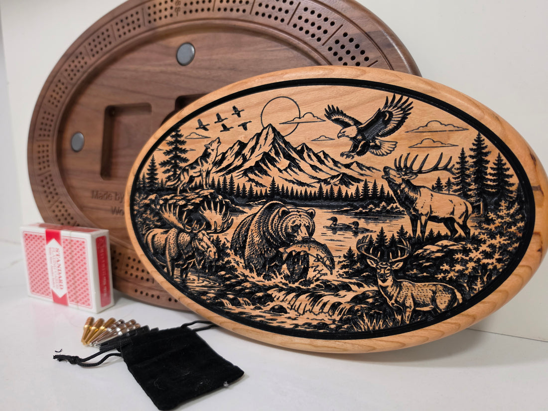 Wildlife Cribbage Board – Engraved Hardwood with Hidden Storage | Handcrafted in BC