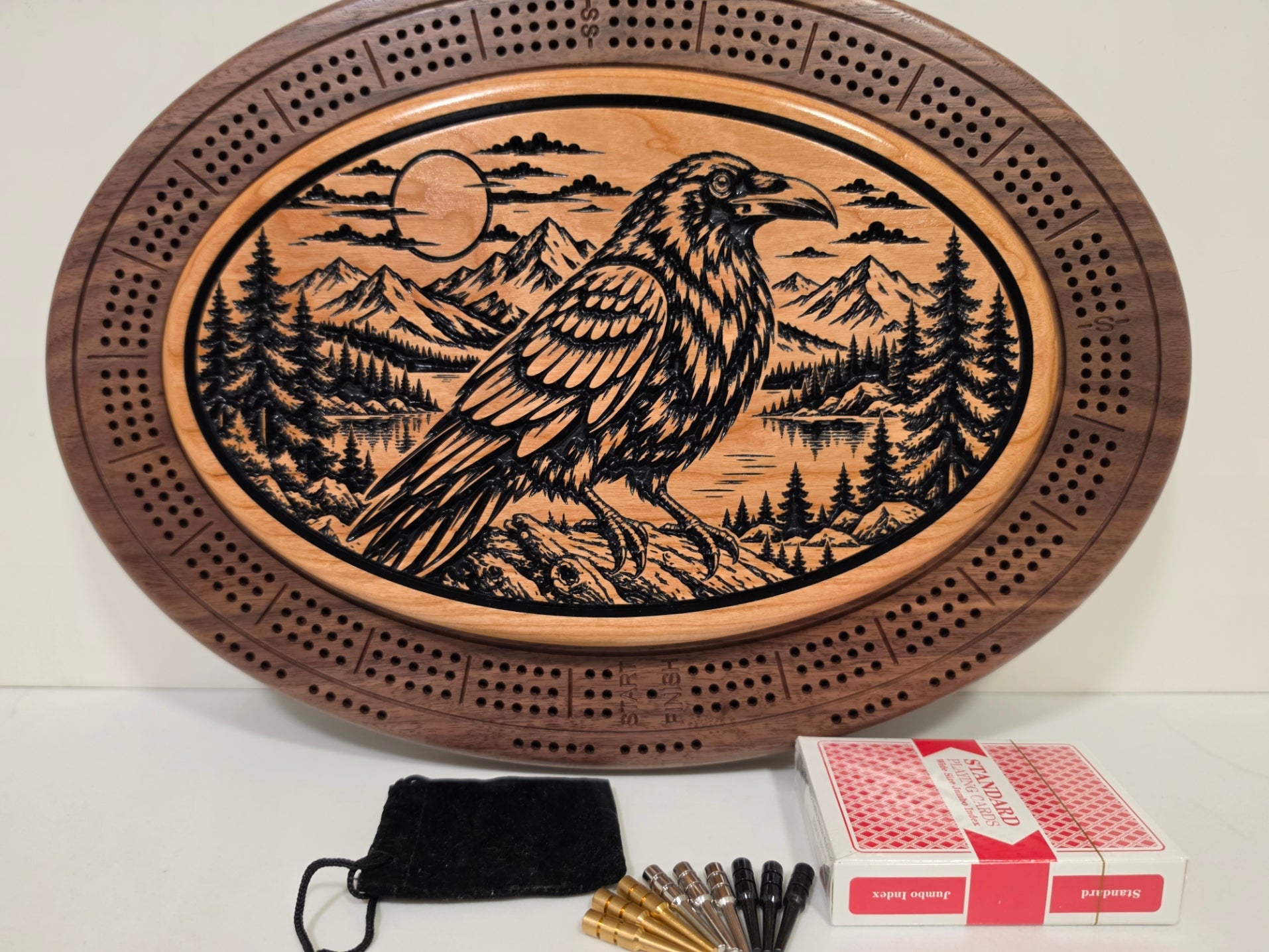 Raven & Mountain Oval Wooden Cribbage Board