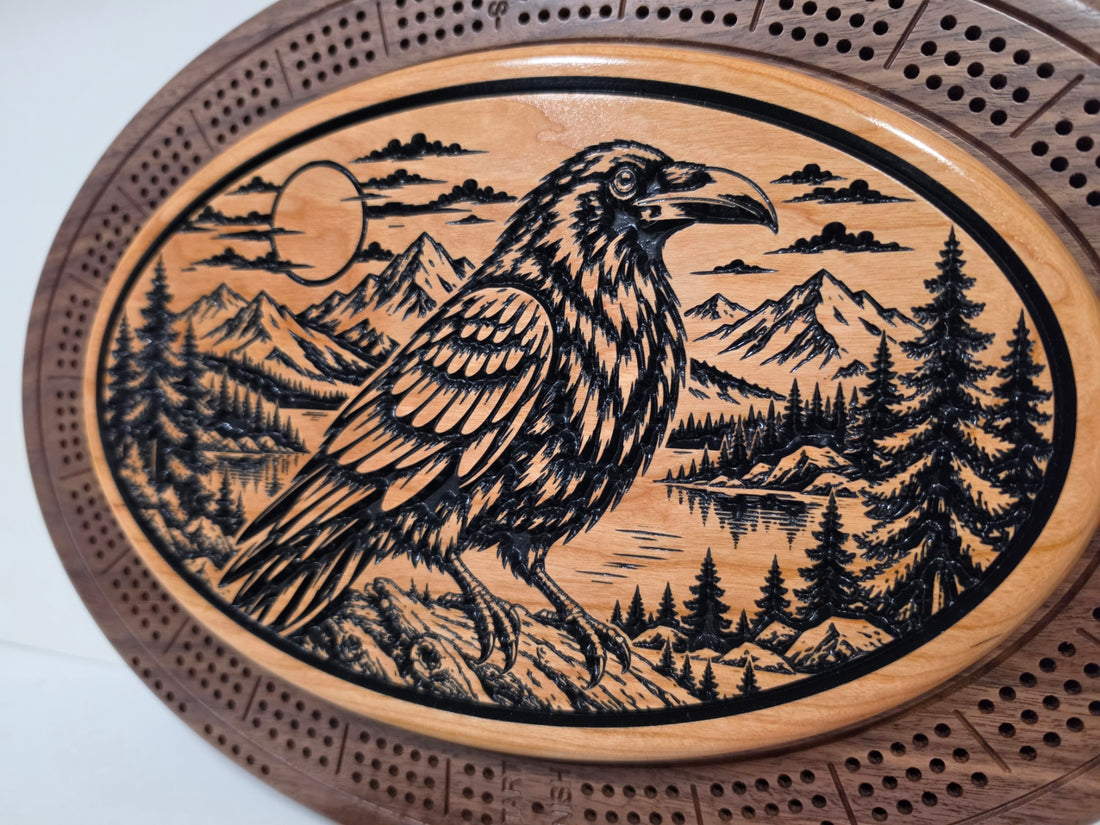 Raven & Mountain Oval Wooden Cribbage Board