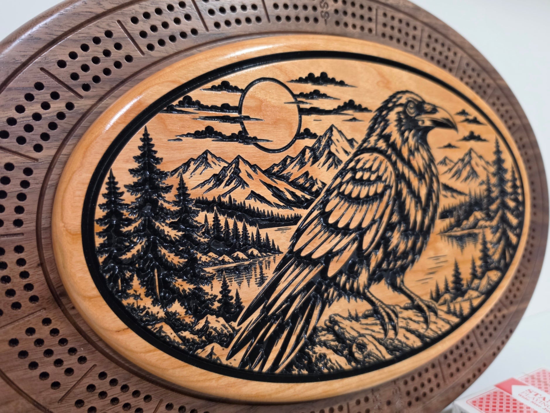 Raven & Mountain Oval Wooden Cribbage Board