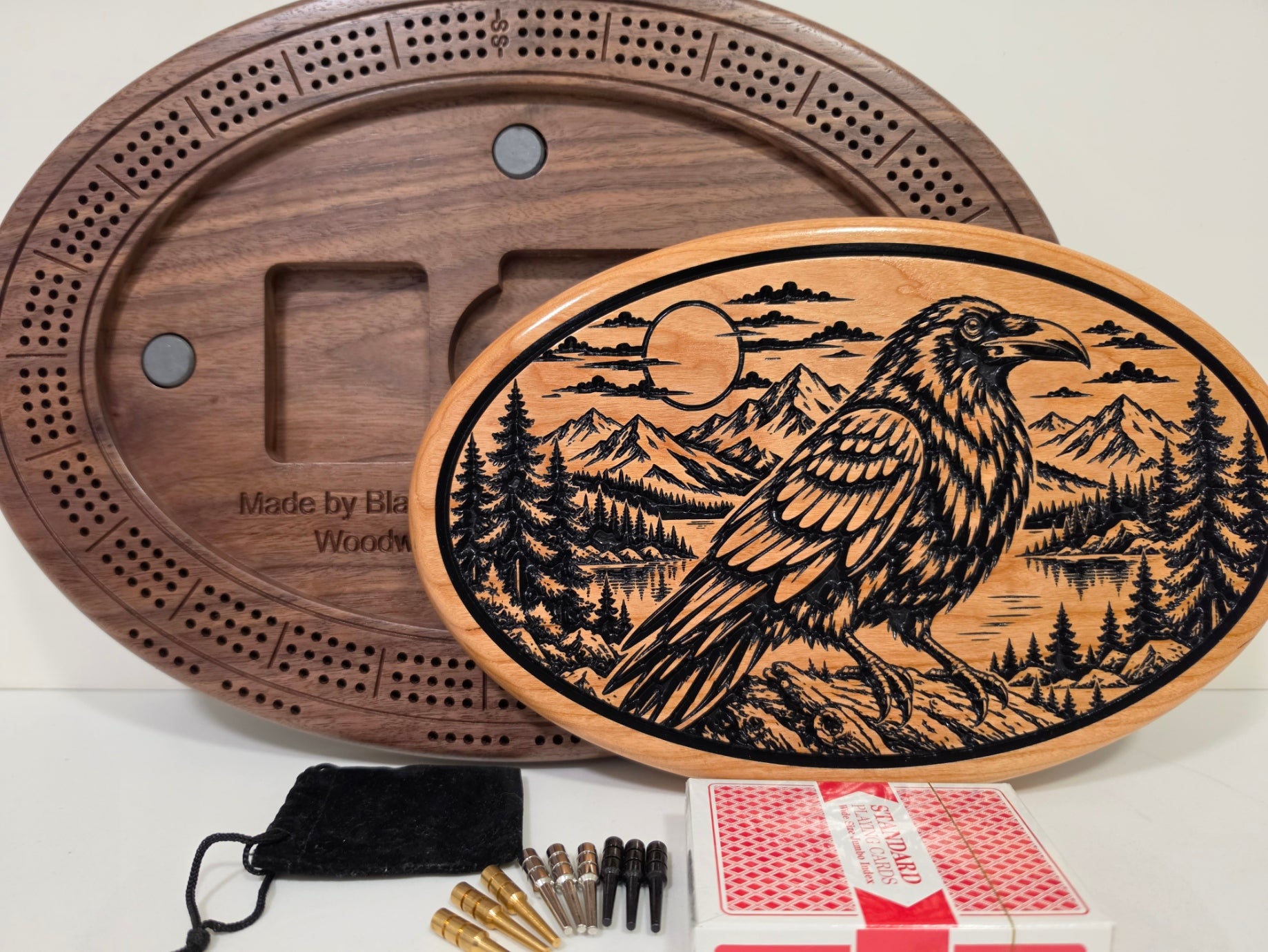 Raven & Mountain Oval Wooden Cribbage Board