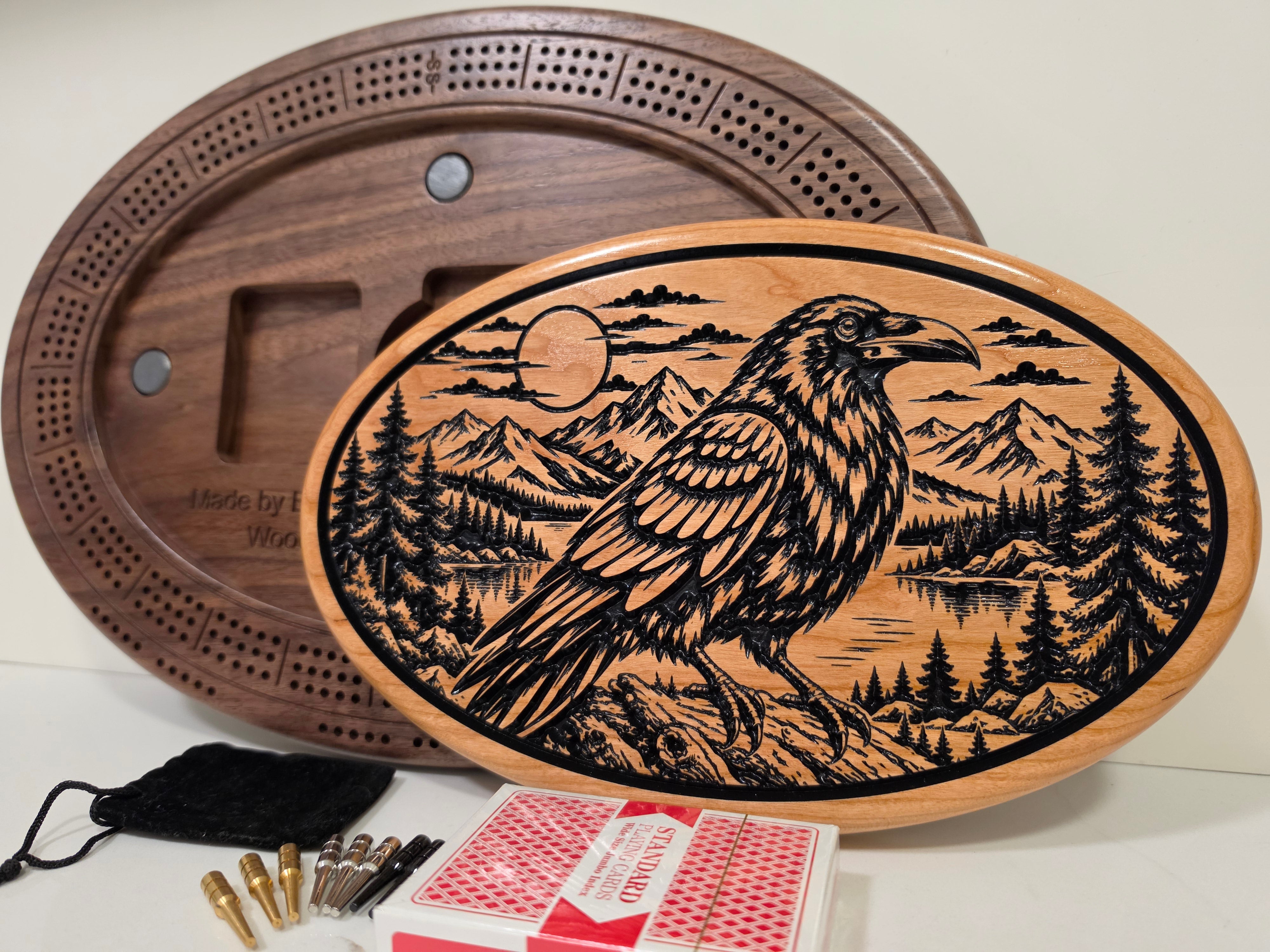 Raven & Mountain Oval Wooden Cribbage Board
