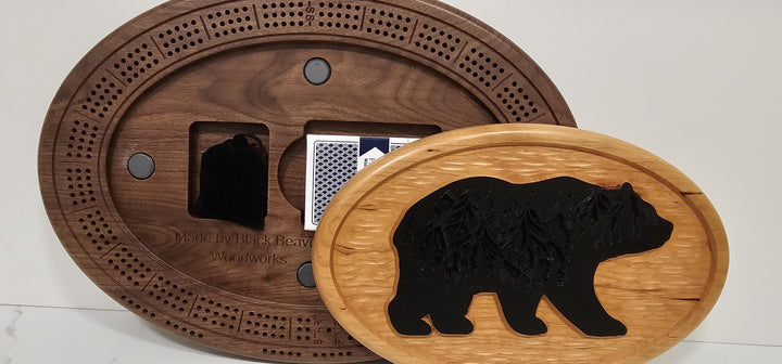 Bear Cribbage Board & Forest Plaque  Handcrafted Wood Game Set with Wildlife Engraving, Card Storage