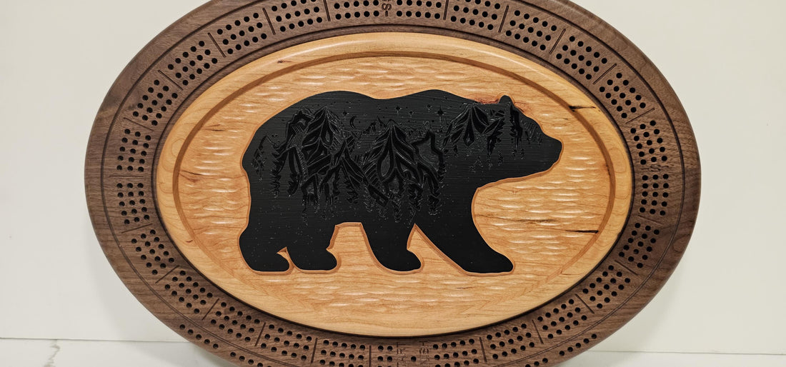 Bear Cribbage Board & Forest Plaque  Handcrafted Wood Game Set with Wildlife Engraving, Card Storage