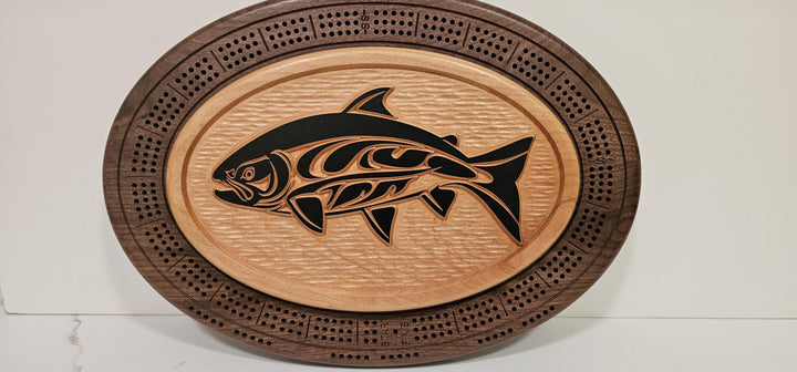 Native Salmon Cribbage Board Handcrafted Wood Game with Indigenous Art & Magnetic Card Storage