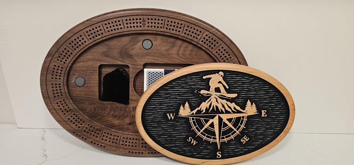 Snowboarder Cribbage Board & Compass Plaque  Handmade Wood Game Set with Mountain Landscape, Card Storage
