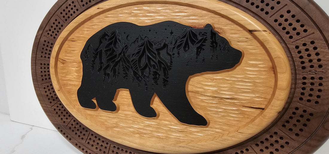Bear Cribbage Board & Forest Plaque  Handcrafted Wood Game Set with Wildlife Engraving, Card Storage