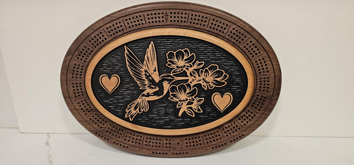 Hummingbird Cribbage Board & Floral Plaque  Handcrafted Wood Game Set with Heart Engraving, Card Storage