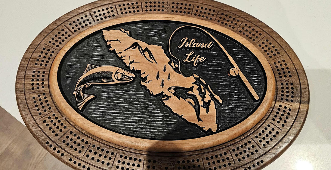 Vancouver island crib board , fish, fishing rod, orca