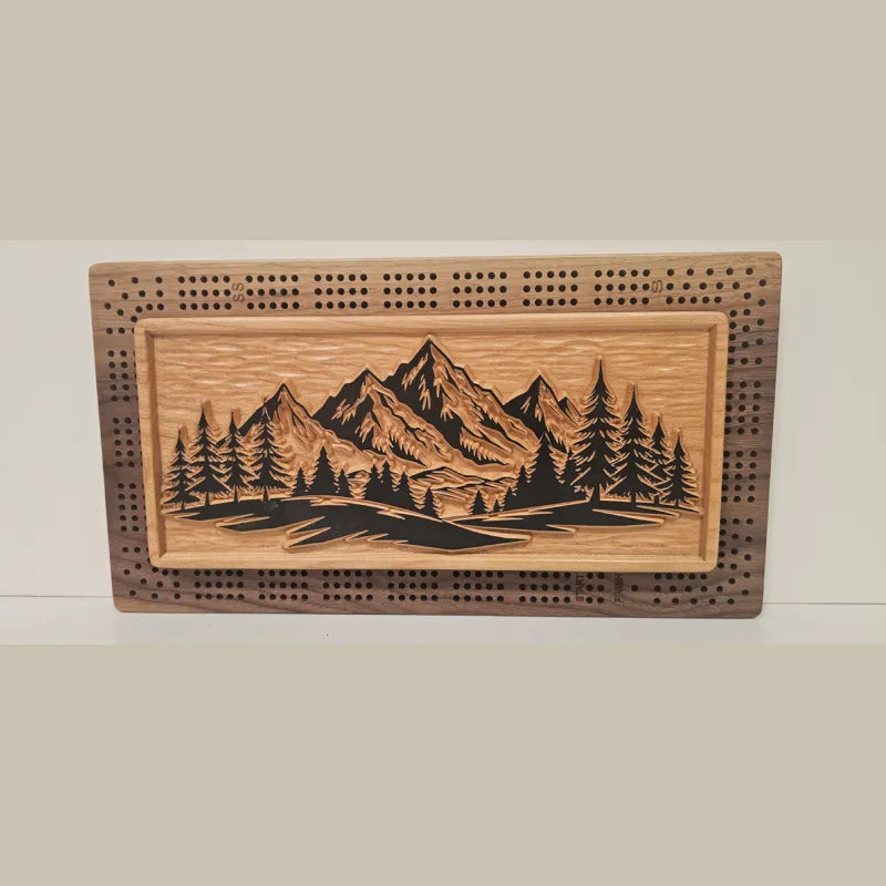 Handcarved Mountain Cribbage Board, Walnut Cherry Wood, Metal Pegs, Card Storage