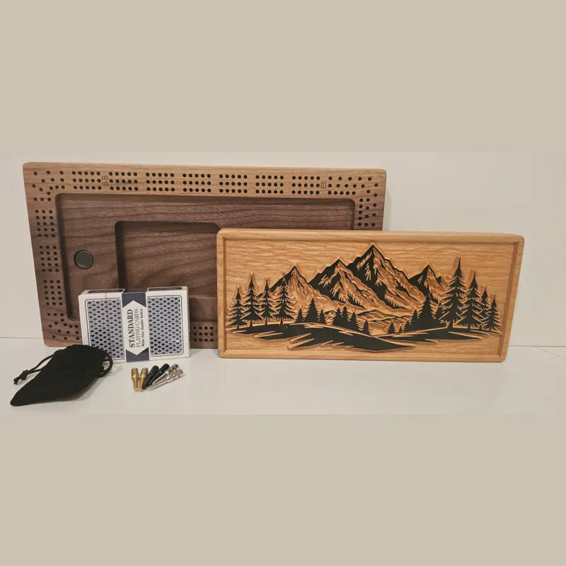 Handcarved Mountain Cribbage Board, Walnut Cherry Wood, Metal Pegs, Card Storage
