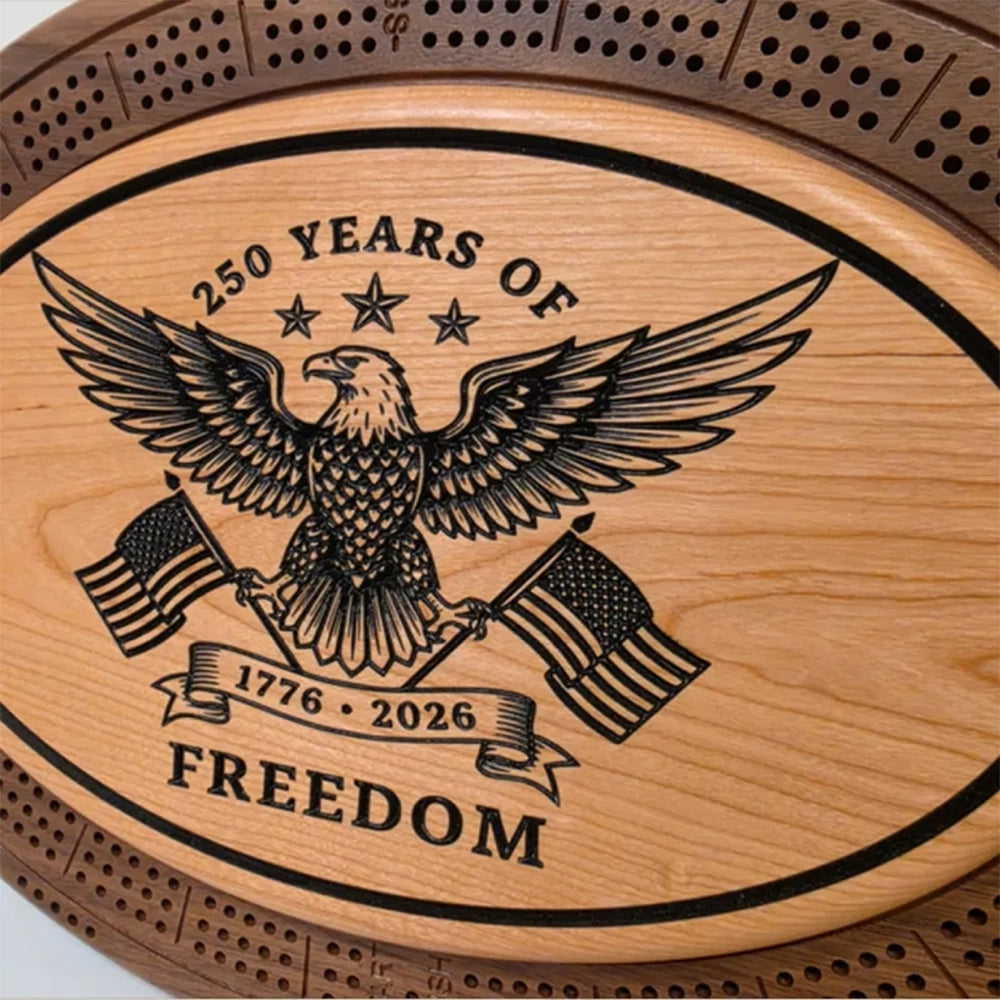 250 Years of Freedom Cribbage Board, Patriotic Eagle Crib Board, USA Flag Gift, 1776 2026 Anniversary, Handmade Wooden Cribbage Set