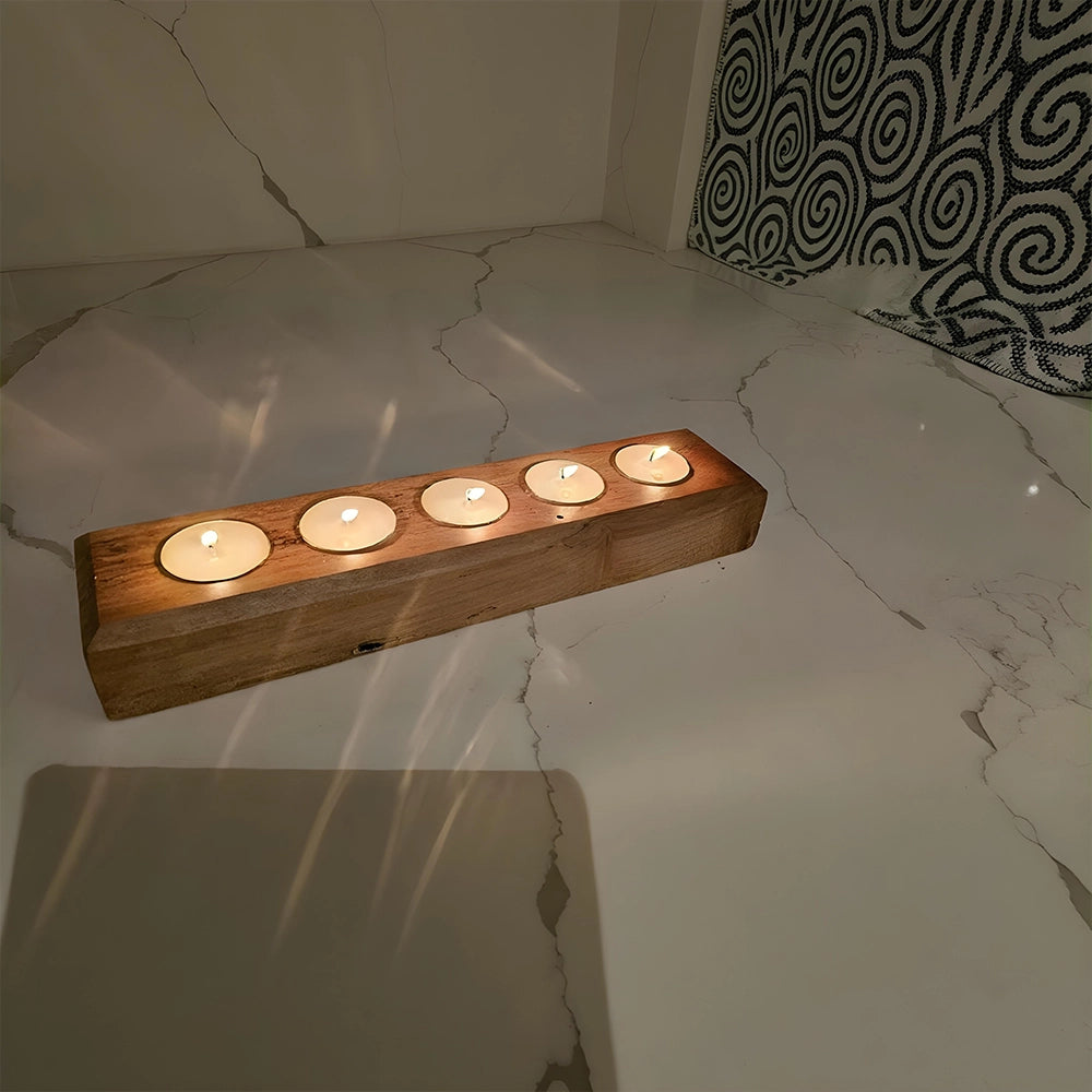 Rustic Wood Tealight Candle Holder 5-Slot Wooden Centerpiece