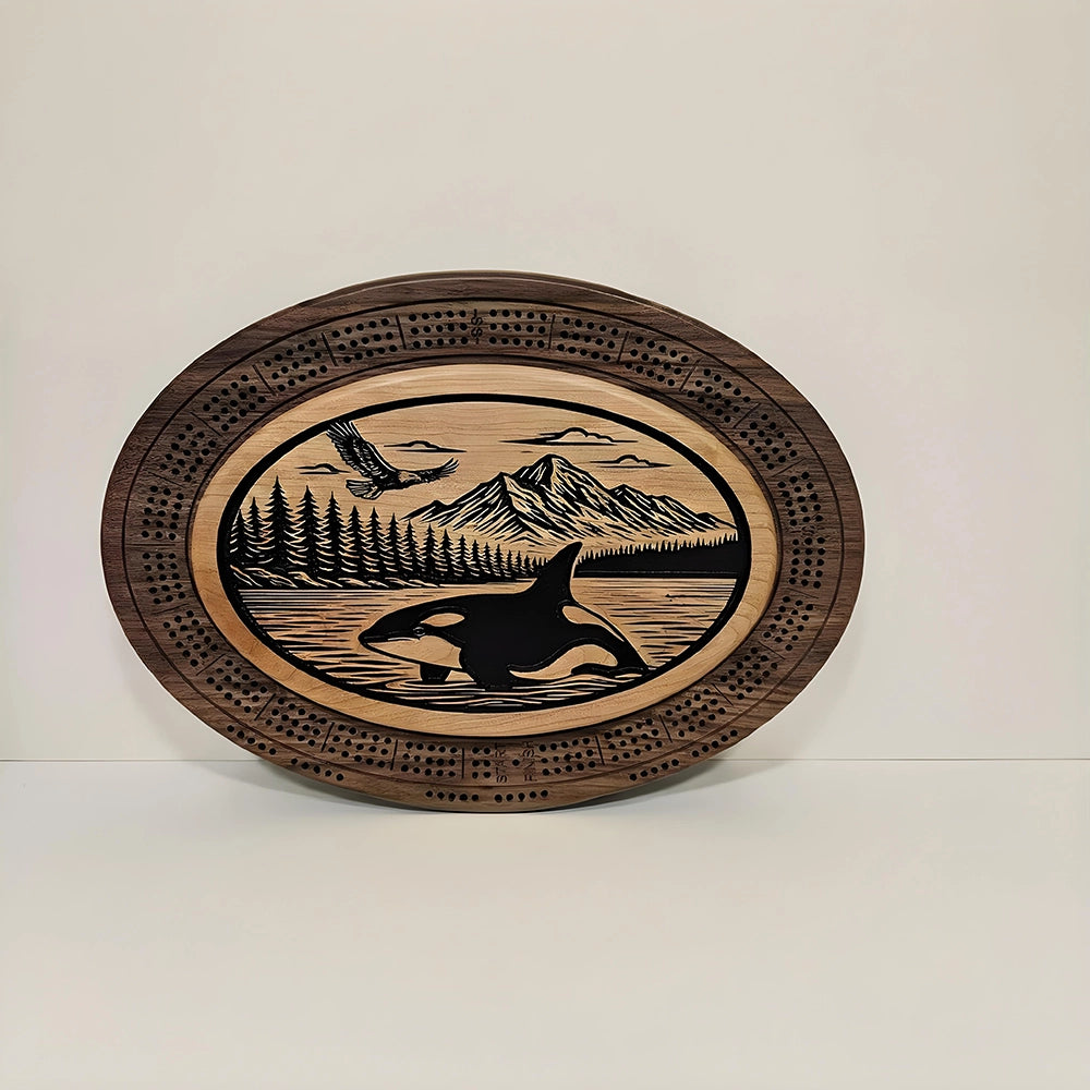 Handcrafted Orca and Eagle Cribbage Board  Custom-Engraved Wooden Game featuring integrated card storage.