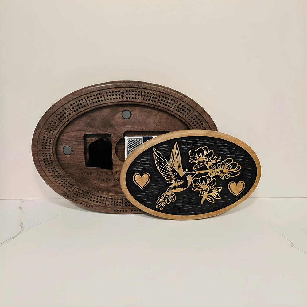 Hummingbird Cribbage Board & Floral Plaque  Handcrafted Wood Game Set with Heart Engraving, Card Storage