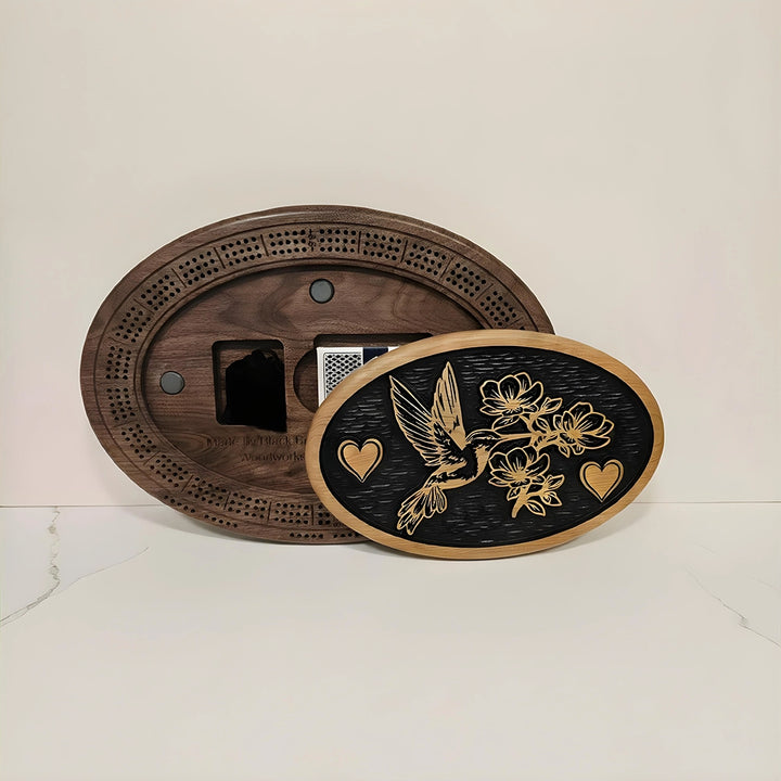 Hummingbird Cribbage Board & Floral Plaque  Handcrafted Wood Game Set with Heart Engraving, Card Storage