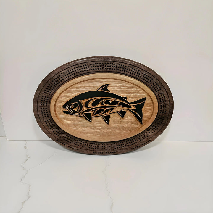 Handcrafted Native Salmon Cribbage Board, Walnut and Cherry Wood