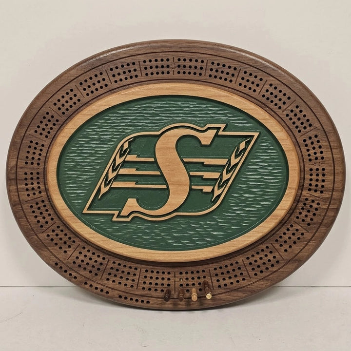 Handcrafted Saskatchewan Roughriders Cribbage Board