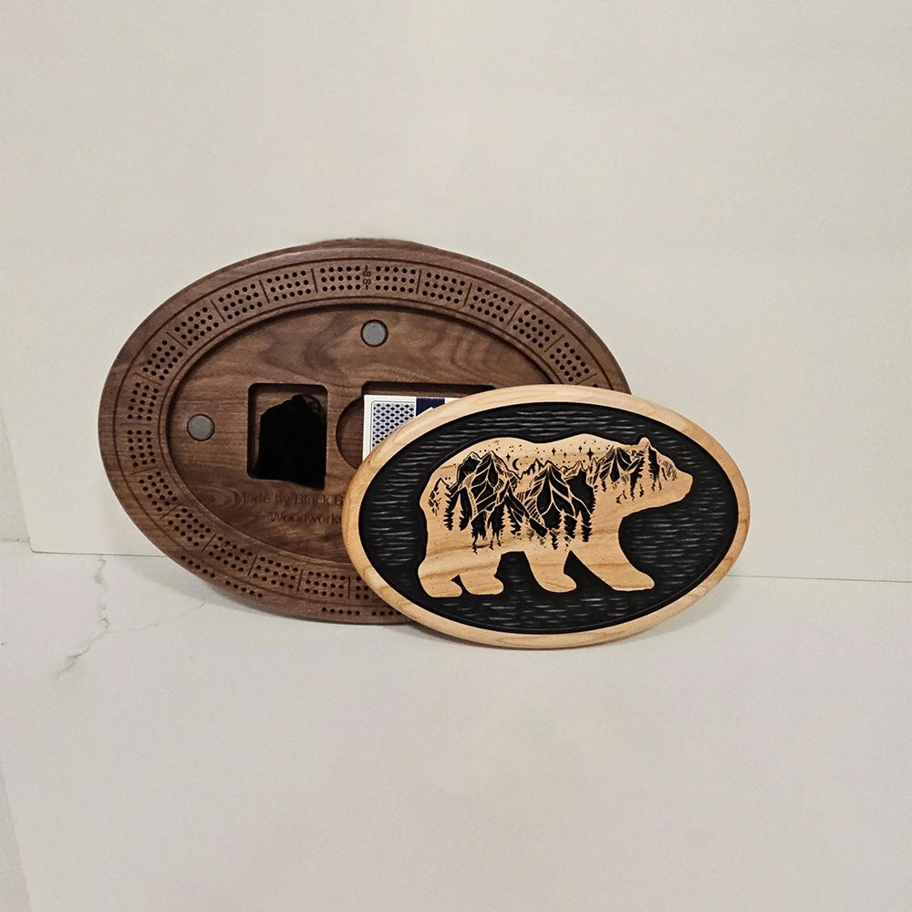 Bear Cribbage Board & Mountain Plaque  Handcrafted Wood Game Set