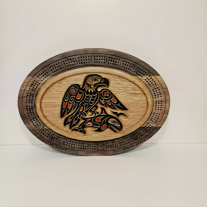 Handcrafted Eagle with salmon Cribbage Board, Functional Art
