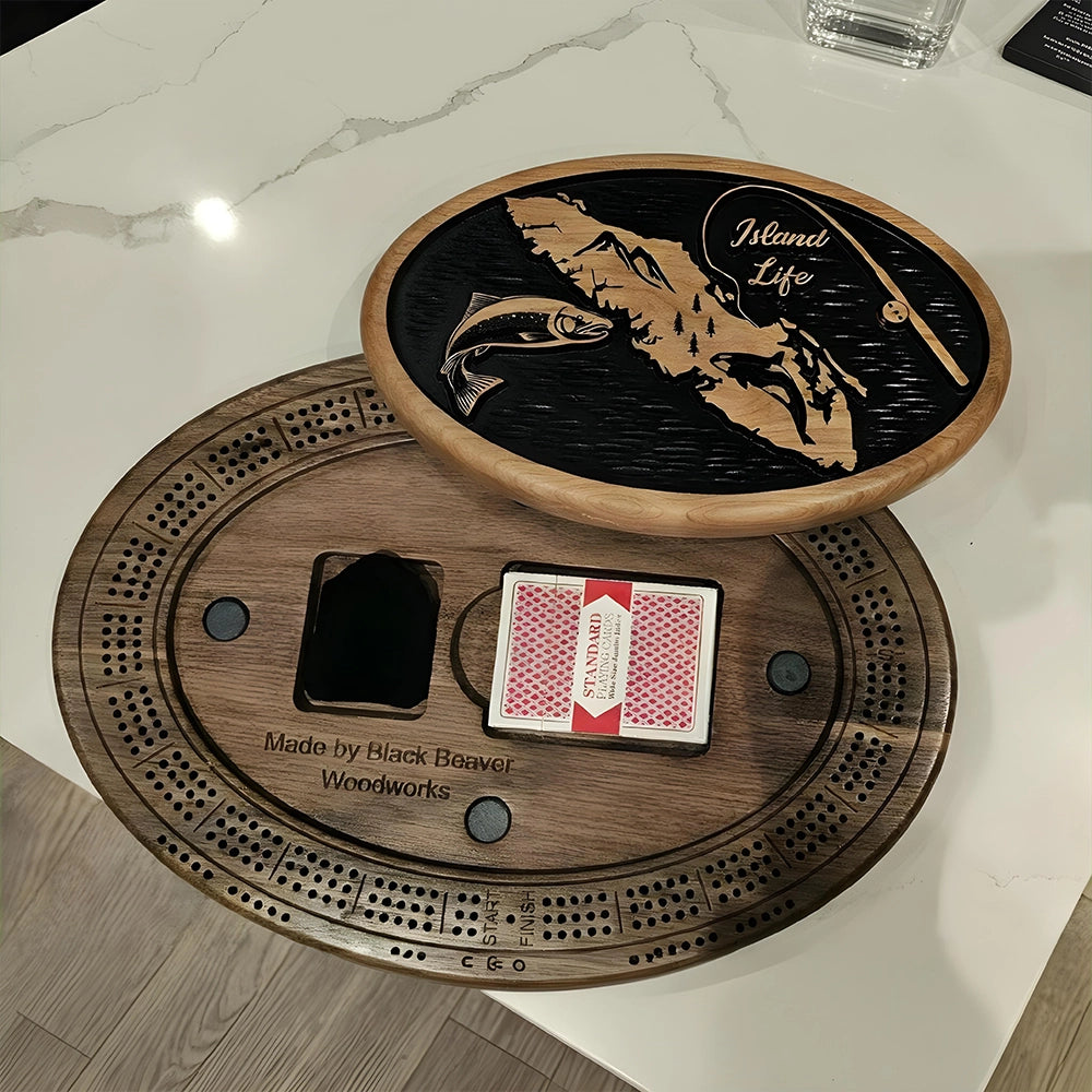 Vancouver Island Cribbage Board – Fish, Fishing Rod & Orca Engraving